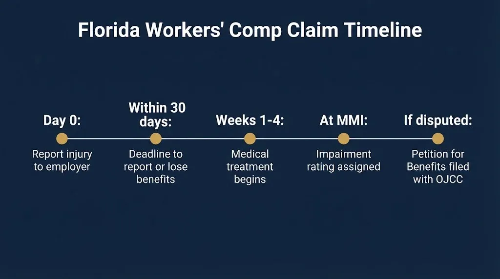 Florida workers' comp claim timeline from injury reporting to OJCC petition filing.