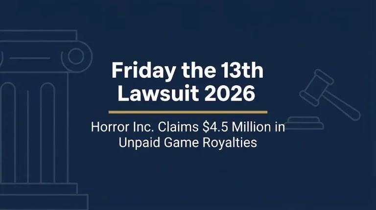 Friday the 13th lawsuit 2026 banner showing the $4.5 million royalty dispute over the video game.