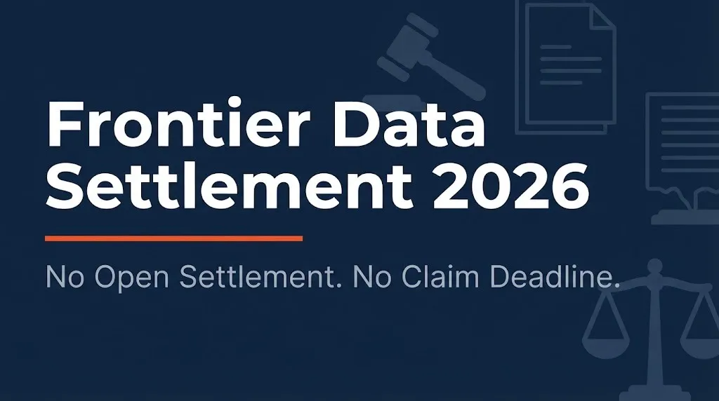 Frontier data settlement 2026 status banner showing no open settlement and no claim deadline.