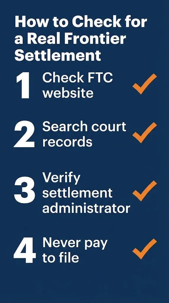 Frontier settlement verification steps showing FTC search, court records, administrator verification, and free filing.