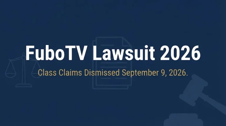 FuboTV lawsuit 2026 hero banner showing class claims dismissed and legal symbols.