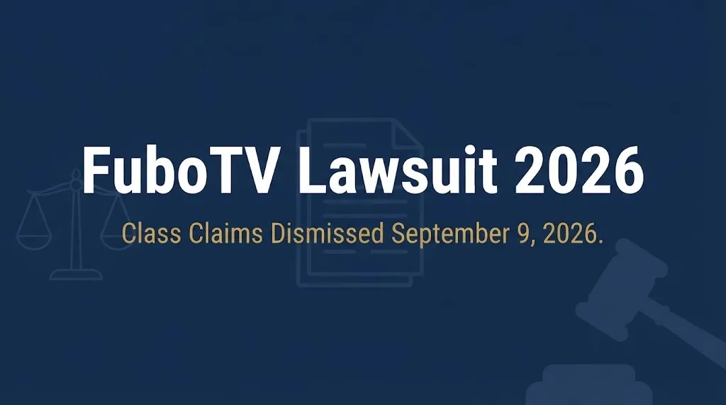 FuboTV lawsuit 2026 hero banner showing class claims dismissed and legal symbols.