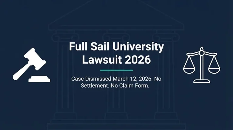 Full Sail University lawsuit 2026 banner showing gavel and scales with dismissed case status