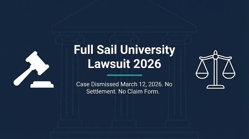 Full Sail University lawsuit 2026 banner showing gavel and scales with dismissed case status