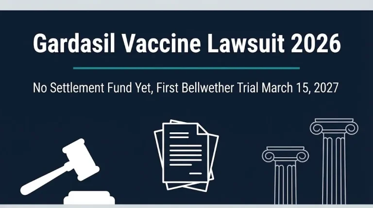 Gardasil vaccine lawsuit 2026 banner showing no settlement fund yet and first bellwether trial set for March 2027.