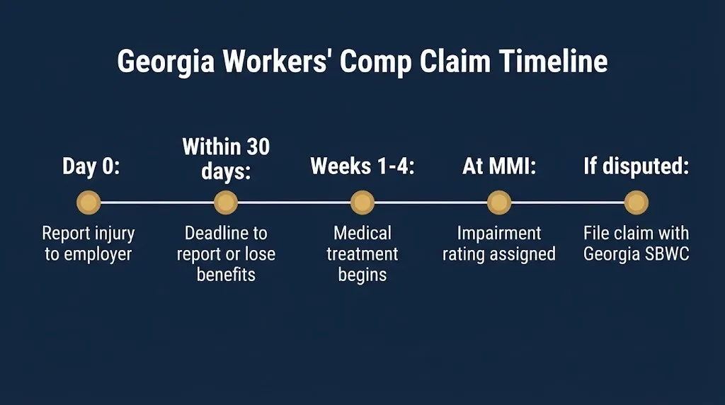 Georgia workers' comp claim timeline from injury reporting to SBWC claim filing.