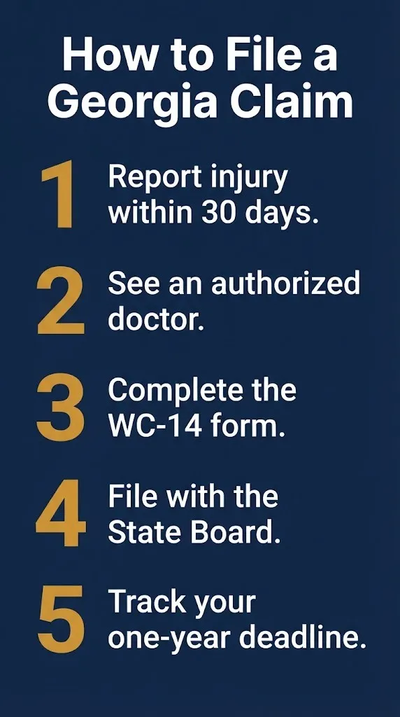Georgia workers compensation claim filing steps with five actions on navy infographic