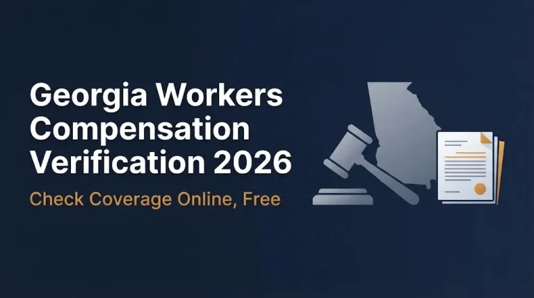 Georgia workers compensation verification 2026 banner showing gavel, state outline, and document graphics.