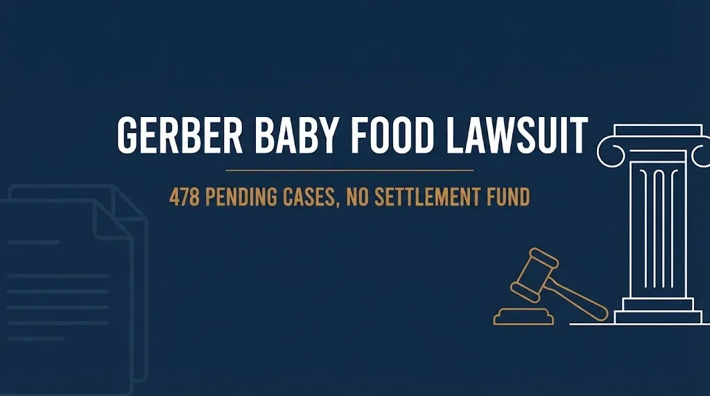 Gerber baby food lawsuit banner showing 478 pending cases and no settlement fund as of 2026.