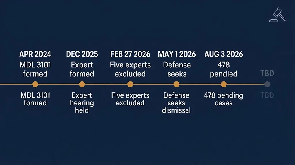 Gerber baby food lawsuit timeline of verified 2024 to 2026 court milestones, with next stage marked TBD.