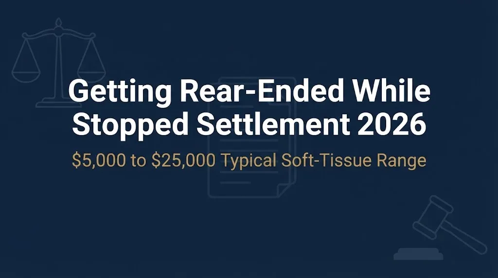 Getting rear-ended while stopped settlement 2026 hero banner showing typical payout range and legal symbols.