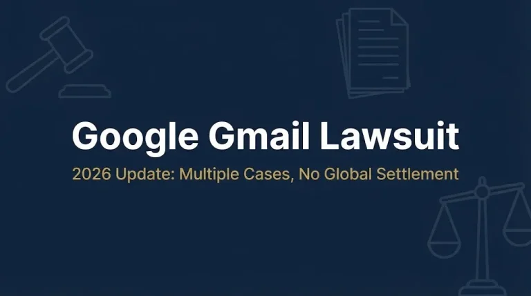 Gmail lawsuit 2026 banner showing AI cases active and Incognito settlement paying.