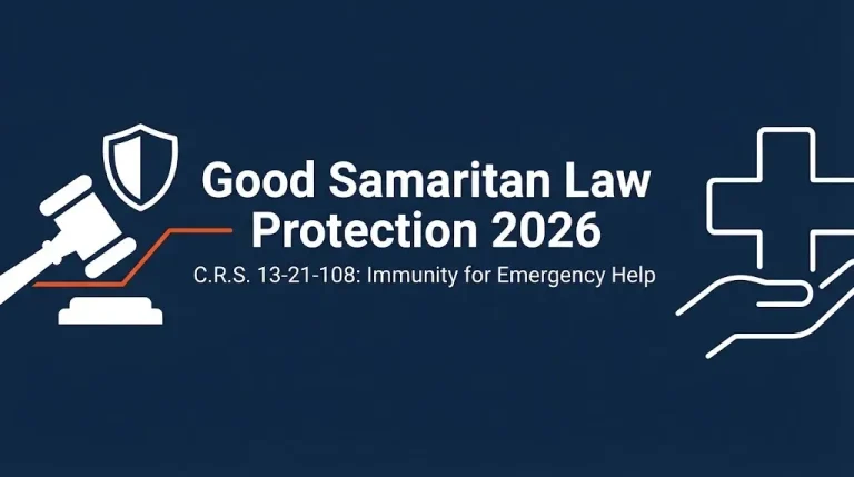 Good Samaritan law protection 2026 banner with shield icon and C.R.S. 13-21-108 citation.