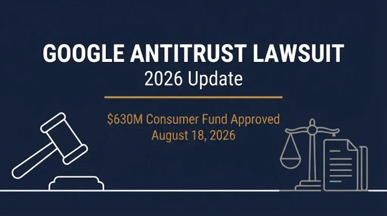 Google antitrust lawsuit 2026 banner showing the $630 million consumer fund approved on August 18, 2026.