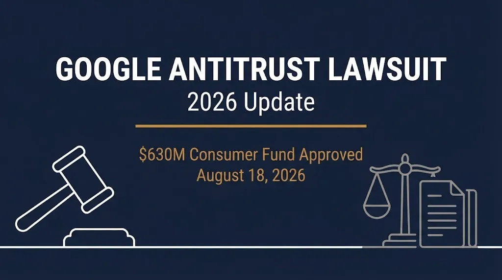 Google antitrust lawsuit 2026 banner showing the $630 million consumer fund approved on August 18, 2026.