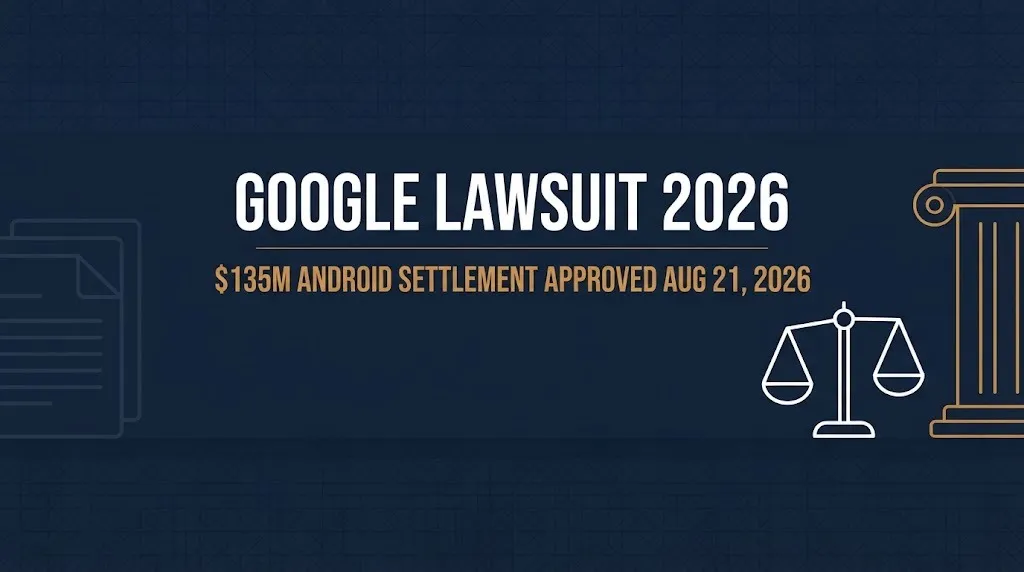Google lawsuit 2026 banner showing the $135 million Android settlement approved August 21, 2026.