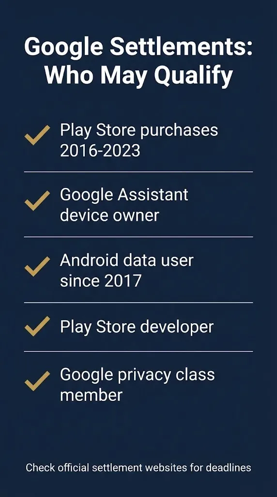 Google settlement eligibility checklist covering Play Store, Assistant, Android data, and developer claims.