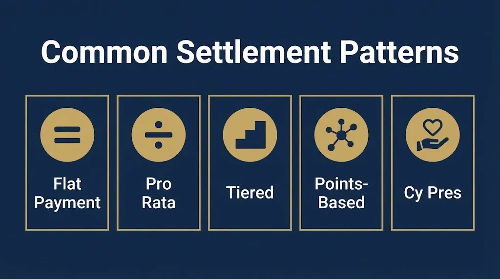 Graphic showing five common settlement pattern types for legal payout distribution.