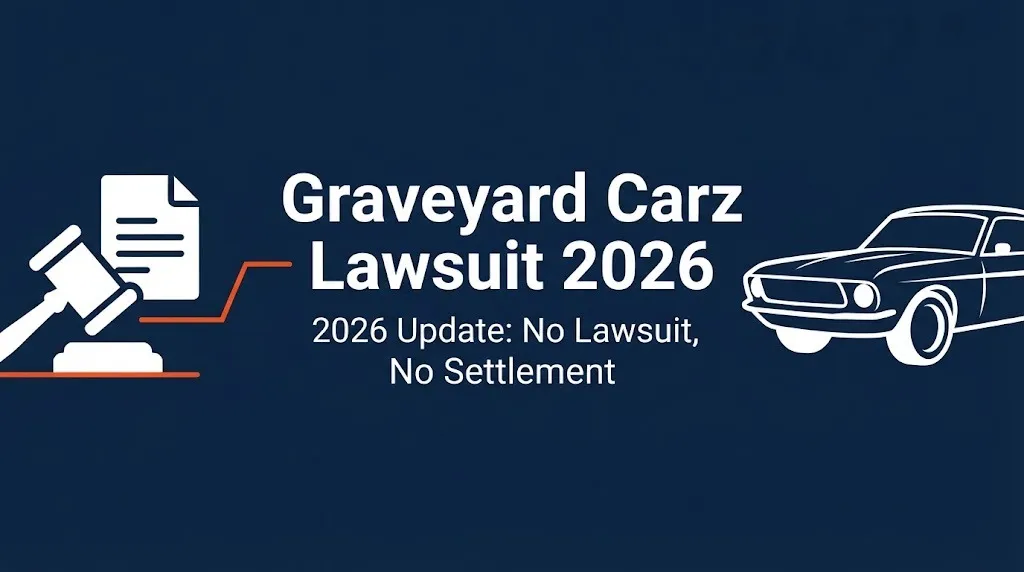 Graveyard Carz lawsuit 2026 banner with gavel icon and No Lawsuit notice.