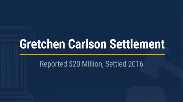 Gretchen Carlson settlement hero banner with gavel and courthouse column icons