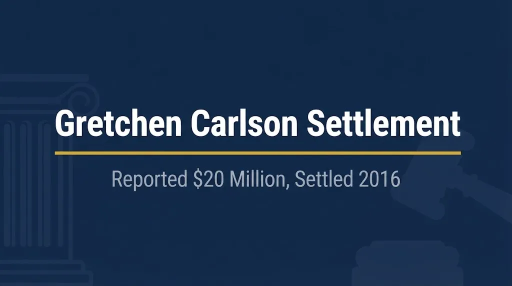Gretchen Carlson settlement hero banner with gavel and courthouse column icons
