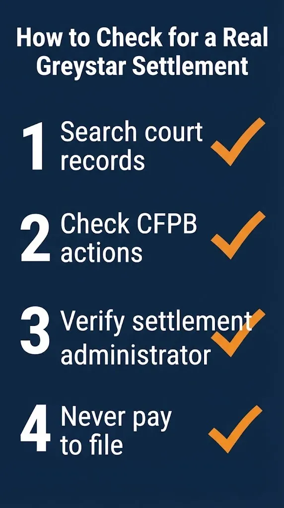 Greystar settlement verification steps showing court record search, CFPB checks, administrator verification, and free filing.
