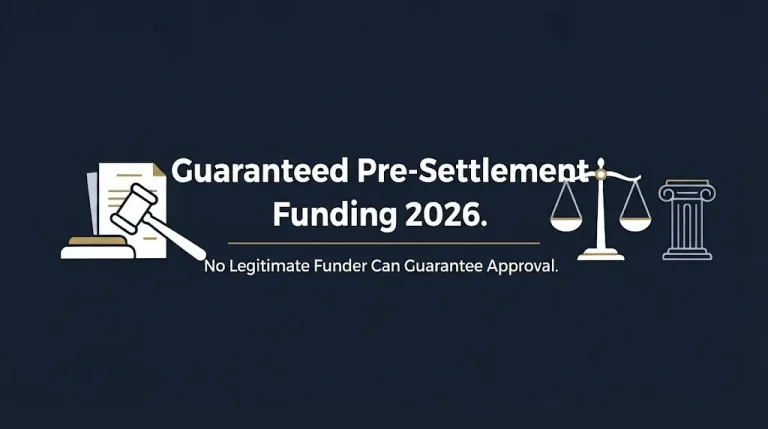 Guaranteed pre-settlement funding 2026 hero banner stating no legitimate funder can guarantee approval.