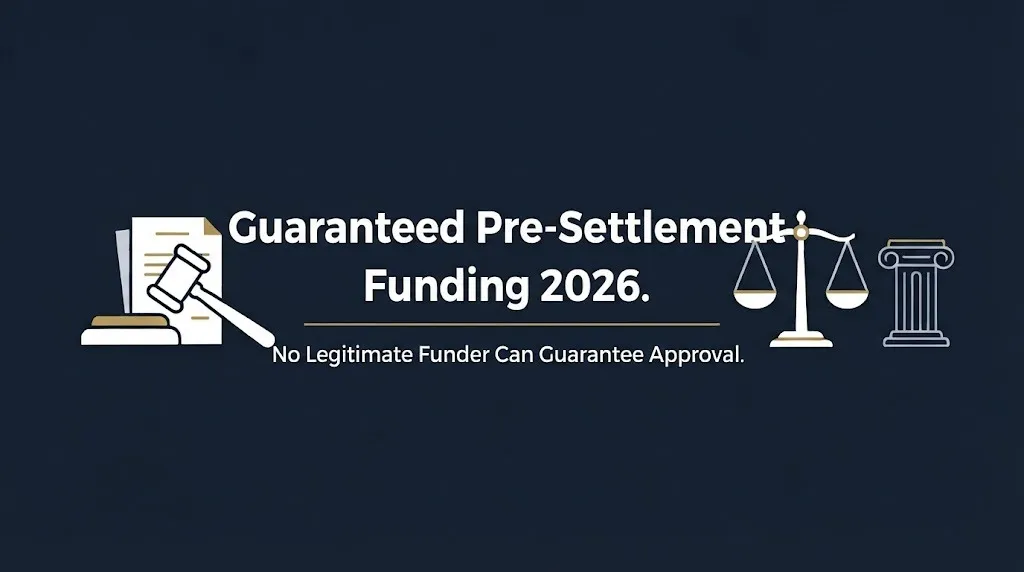 Guaranteed pre-settlement funding 2026 hero banner stating no legitimate funder can guarantee approval.