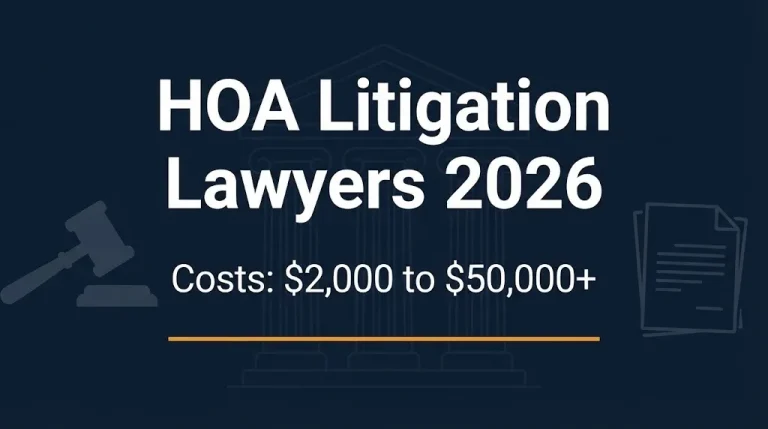 HOA litigation lawyers 2026 banner showing cost range from $2,000 to $50,000