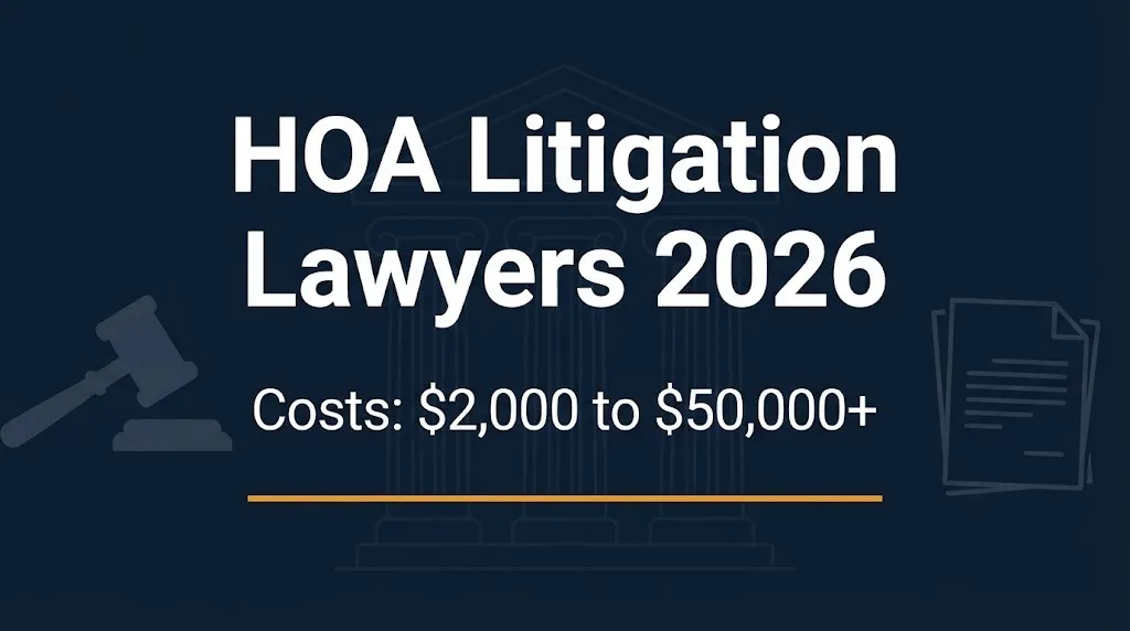 HOA litigation lawyers 2026 banner showing cost range from $2,000 to $50,000
