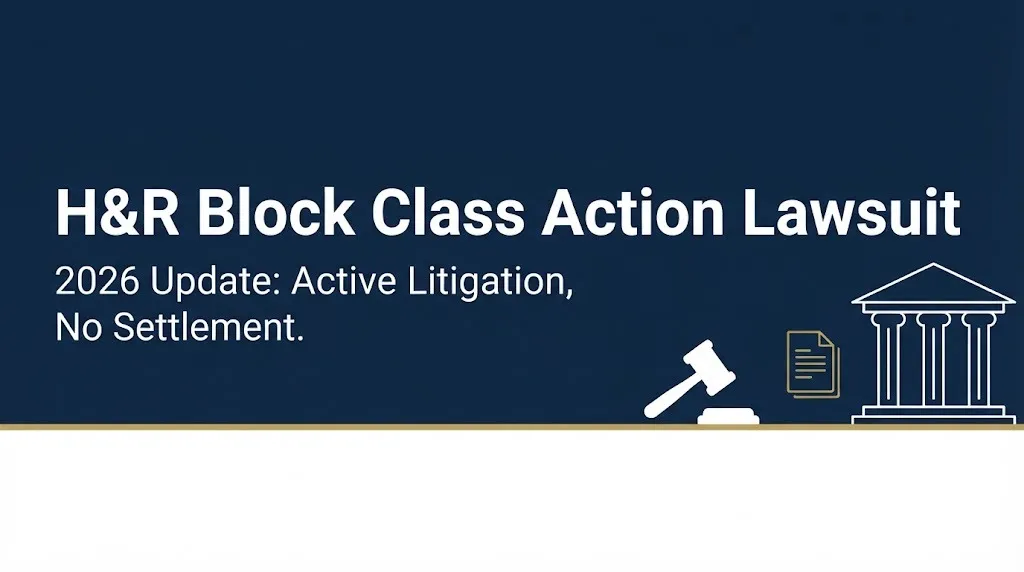 H&R Block class action lawsuit 2026 hero banner with gavel and document icons on navy background.