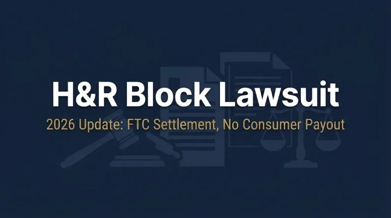 H&R Block lawsuit 2026 banner showing FTC settlement with no consumer payout.