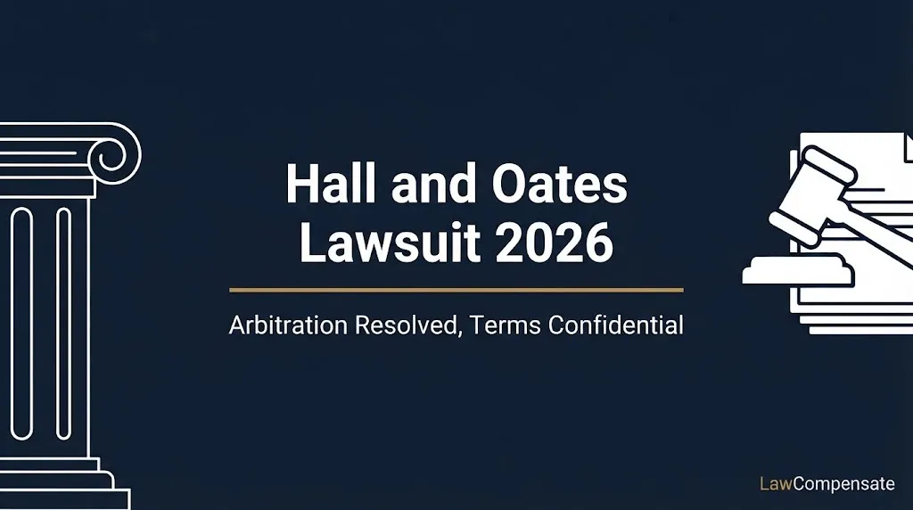 Hall and Oates lawsuit 2026 banner showing arbitration resolved with confidential terms and legal icons.