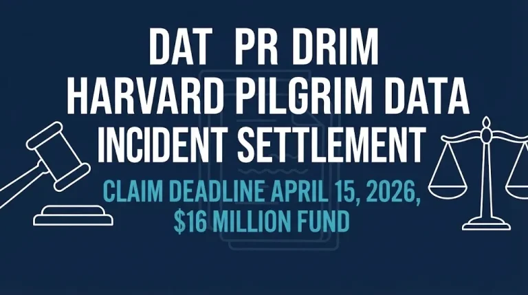 Harvard Pilgrim data incident settlement 2026 claim deadline and fund amount shown in a flat legal infographic banner.