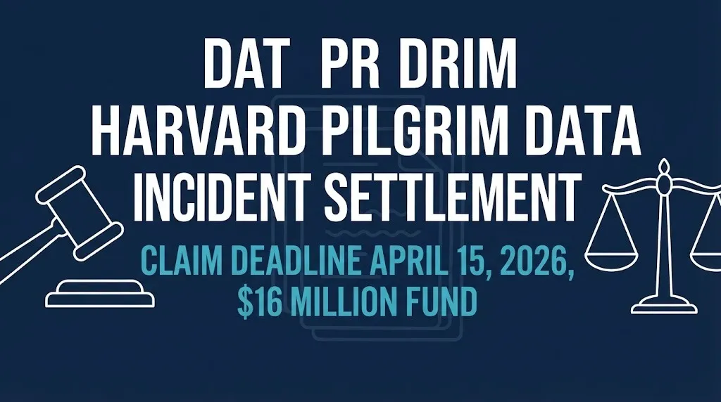 Harvard Pilgrim data incident settlement 2026 claim deadline and fund amount shown in a flat legal infographic banner.