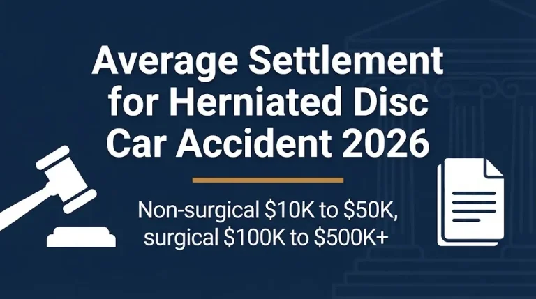 Herniated disc car accident settlement 2026 banner showing non-surgical and surgical ranges.