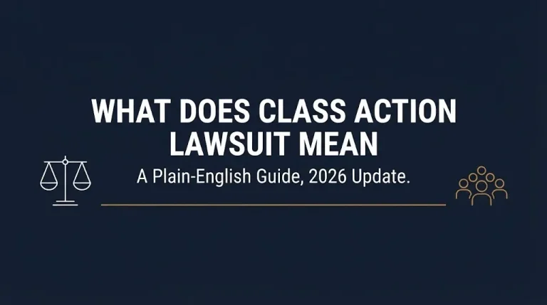 Hero banner explaining what a class action lawsuit means as a plain-English legal process guide for 2026.