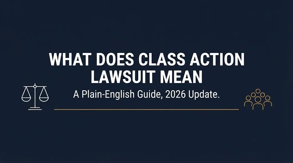 Hero banner explaining what a class action lawsuit means as a plain-English legal process guide for 2026.