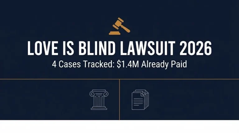 Hero banner for Love Is Blind lawsuit 2026 update showing four tracked cases and a $1.4 million settlement.