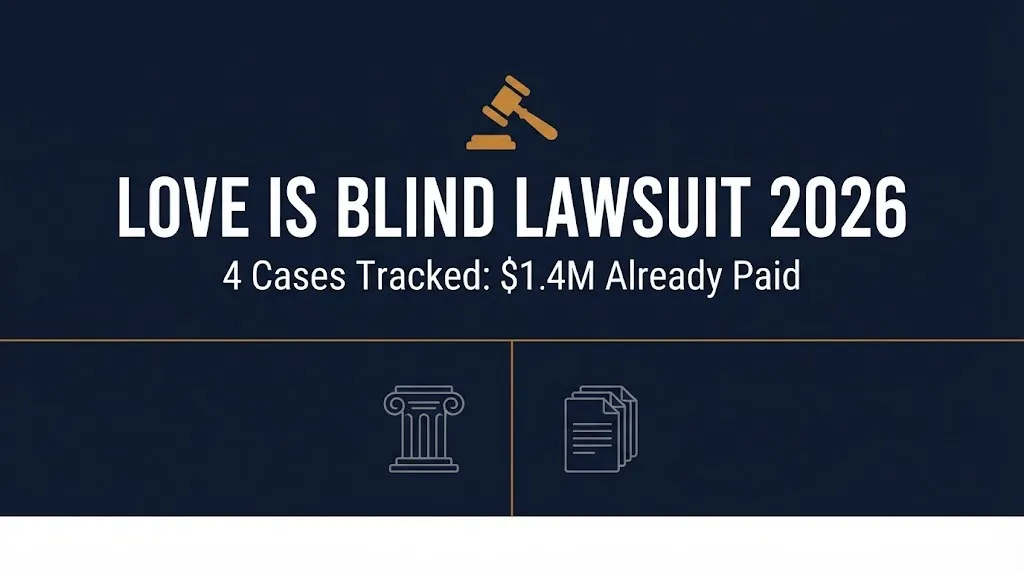 Hero banner for Love Is Blind lawsuit 2026 update showing four tracked cases and a $1.4 million settlement.