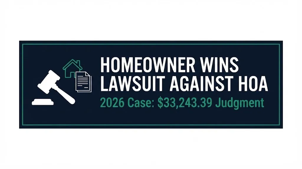Hero banner for a 2026 case where a homeowner won a lawsuit against her HOA for $33,243.39.
