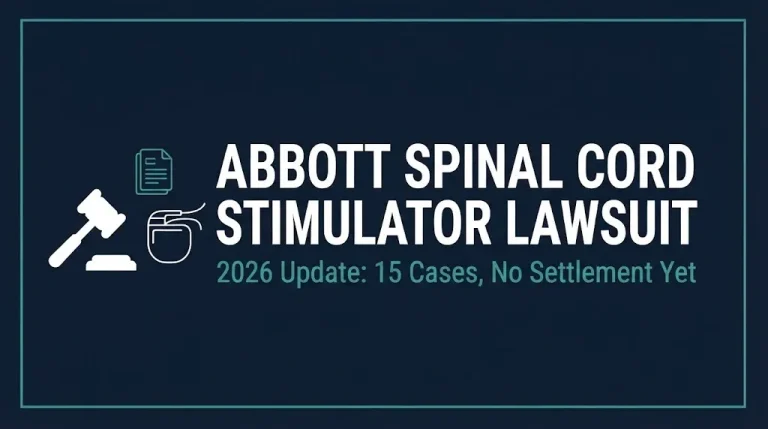 Hero banner for the Abbott spinal cord stimulator lawsuit 2026 update showing 15 pending cases and no settlement.