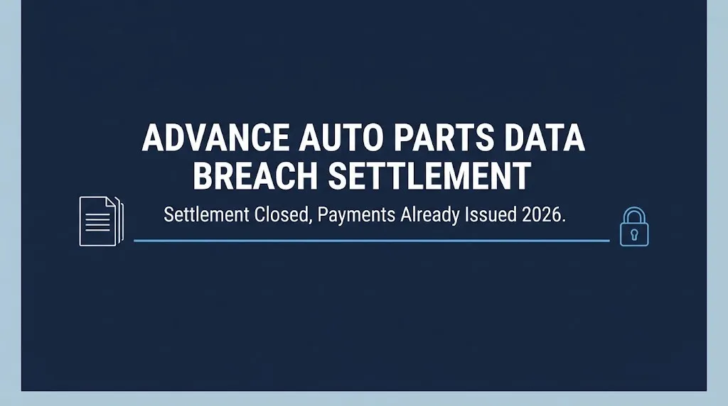 Hero banner for the Advance Auto Parts data breach settlement showing the claim window is closed and payments were issued.