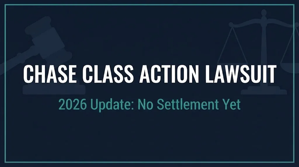 Hero banner for the Chase class action lawsuit 2026 update showing no settlement has been reached yet.