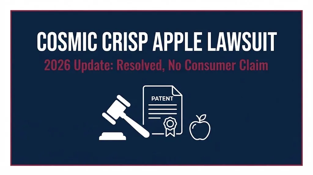 Hero banner for the Cosmic Crisp apple lawsuit 2026 update showing the case is resolved with no consumer claim.