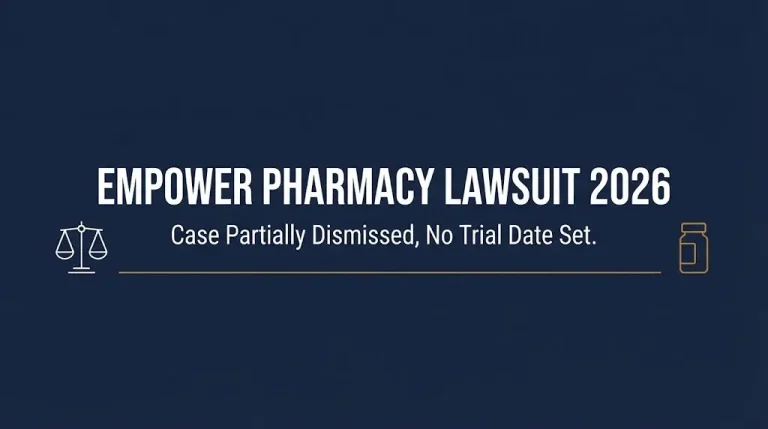 Hero banner for the Empower Pharmacy lawsuit 2026 update showing the case is partially dismissed with no trial date.