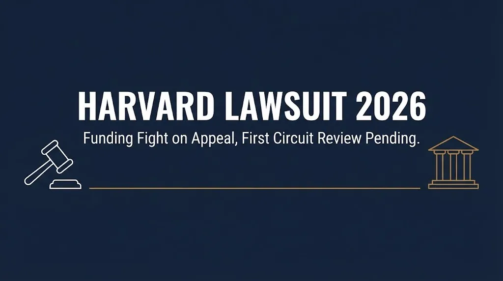 Hero banner for the Harvard lawsuit 2026 update showing the funding case is on appeal with no ruling date yet.
