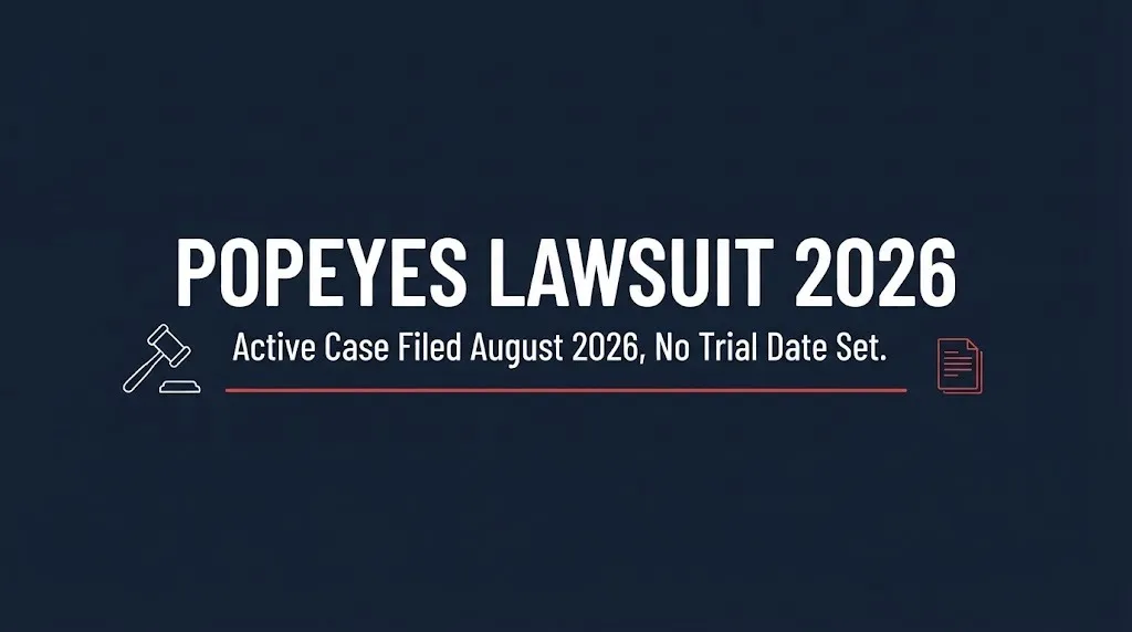 Hero banner for the Popeyes lawsuit 2026 update showing the active case filed in August with no trial date set.