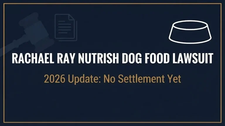 Hero banner for the Rachael Ray Nutrish dog food lawsuit 2026 update showing no settlement has been reached.