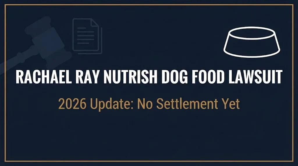 Hero banner for the Rachael Ray Nutrish dog food lawsuit 2026 update showing no settlement has been reached.